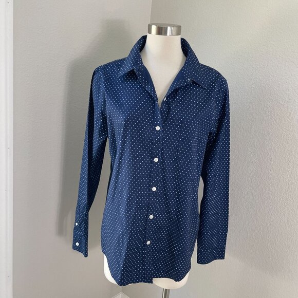 LL Bean Womens Large Wrinkle Free Navy Button Up Shirt White Heart Print Blouse - Picture 1 of 10